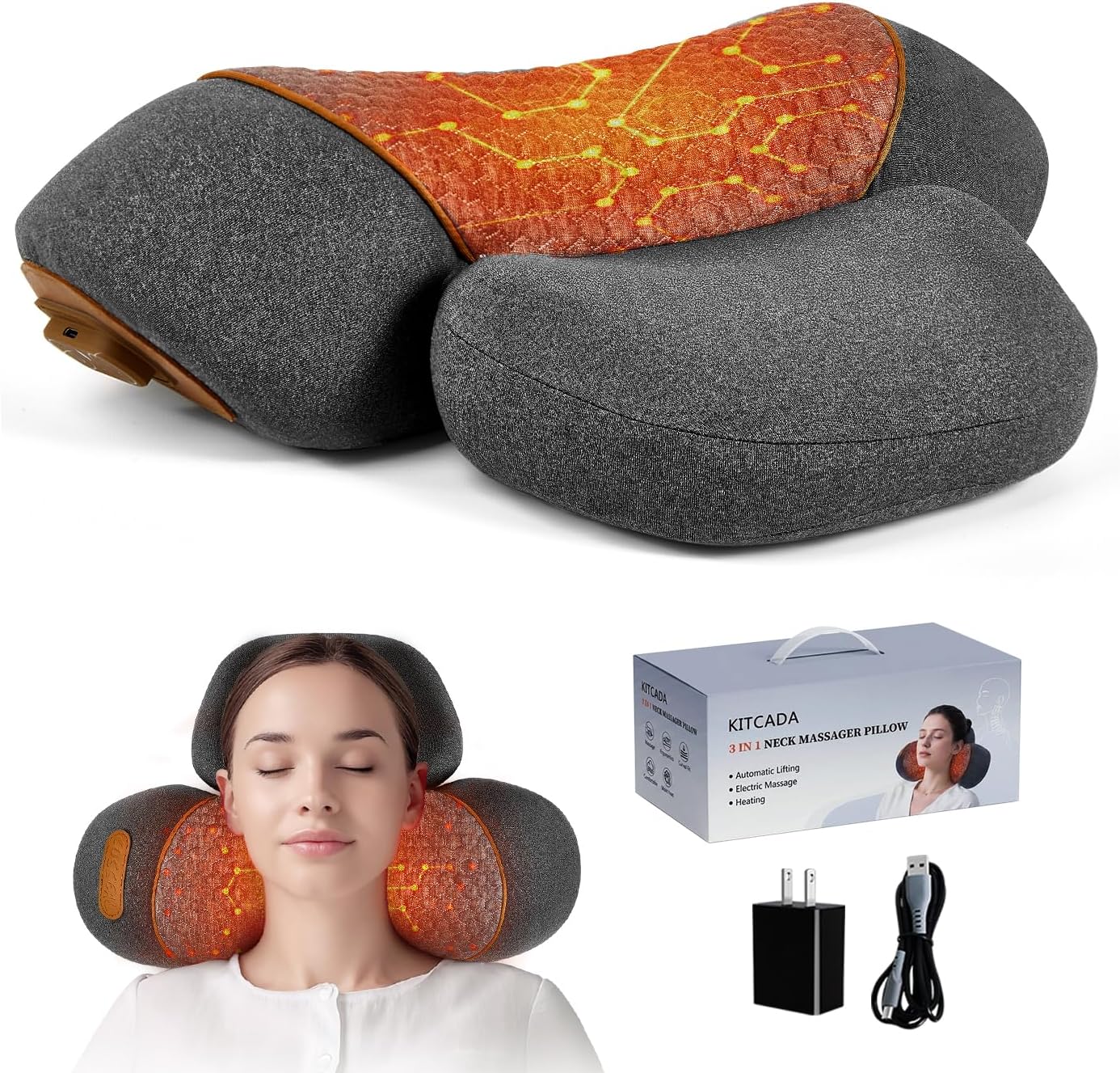 Upgraded Cordless Heated Neck Massager Pillow for Pain Relief Deep Tissue