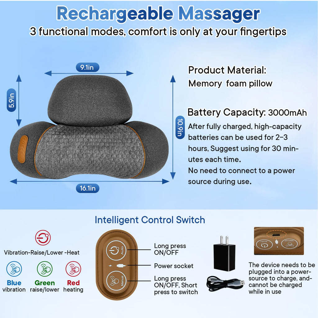 Upgraded Cordless Heated Neck Massager Pillow for Pain Relief Deep Tissue